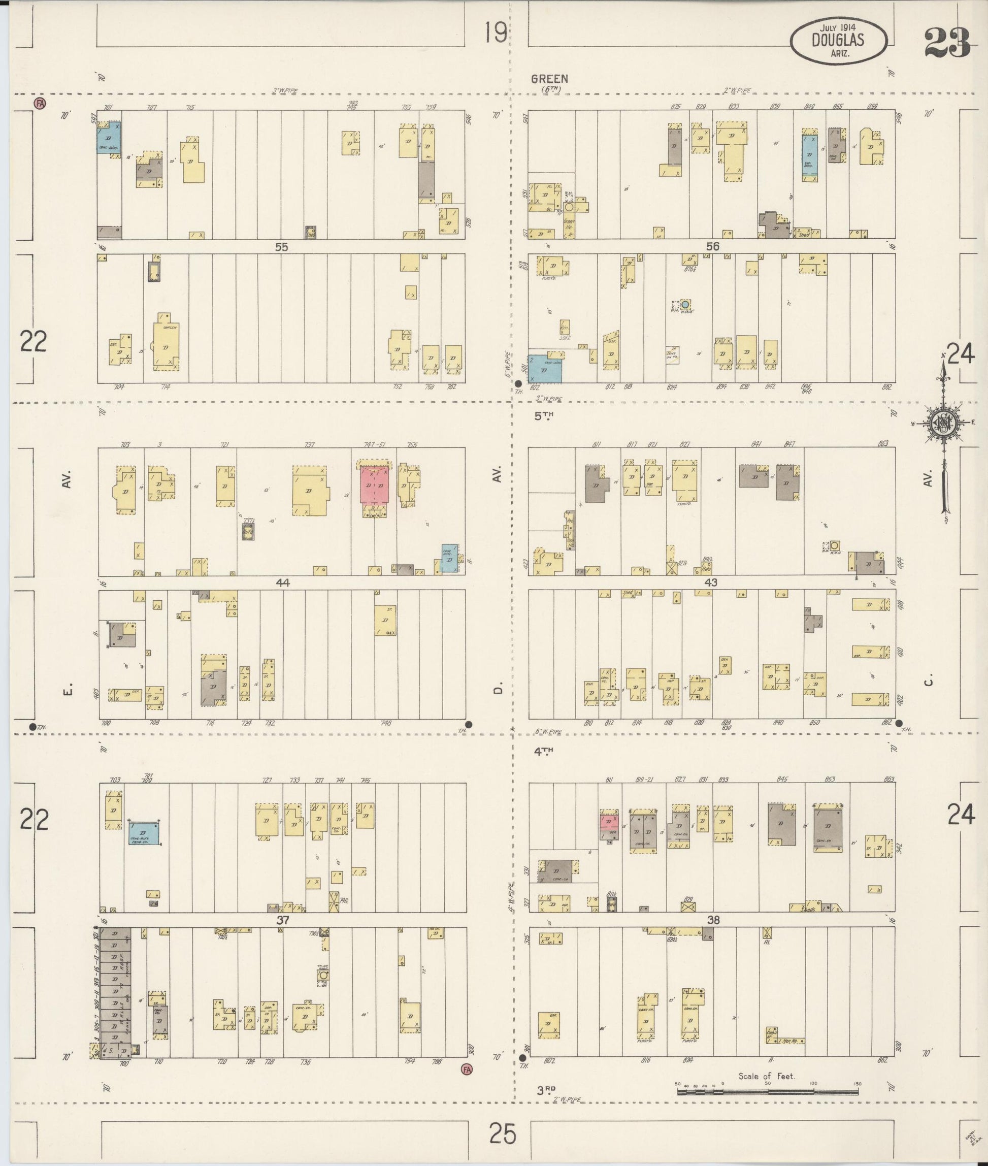 Sanborn Fire Insurance Map from Douglas, Cochise County, Arizona (1914), Sheet #0023 - Complete Map Set gallery image, historic Sanborn map, vintage wall art, Arizona Arizona