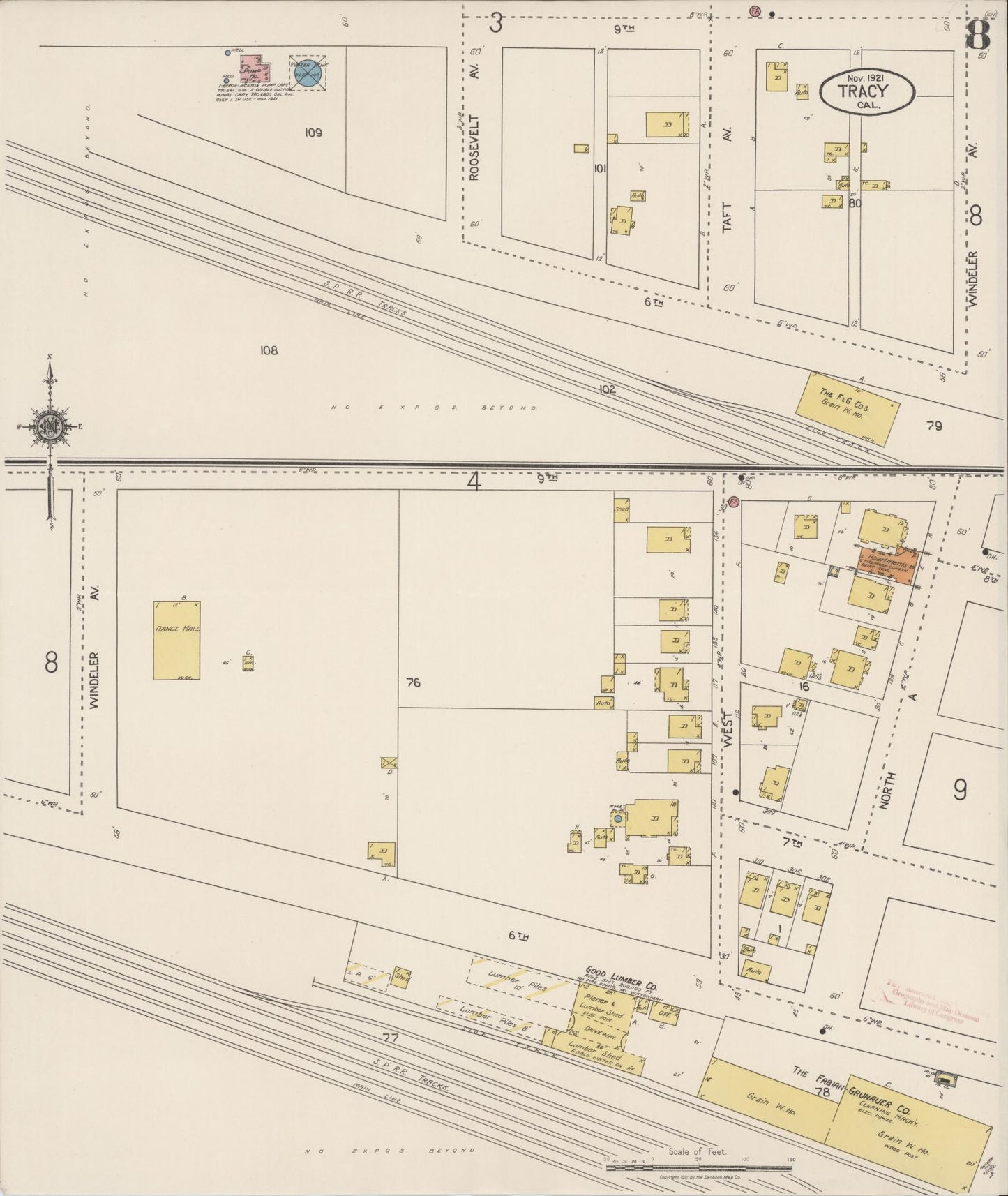 Sanborn Fire Insurance Map from Tracy, San Joaquin County, California (1921), Sheet #0008 - Complete Map Set gallery image, historic Sanborn map, vintage wall art, California California