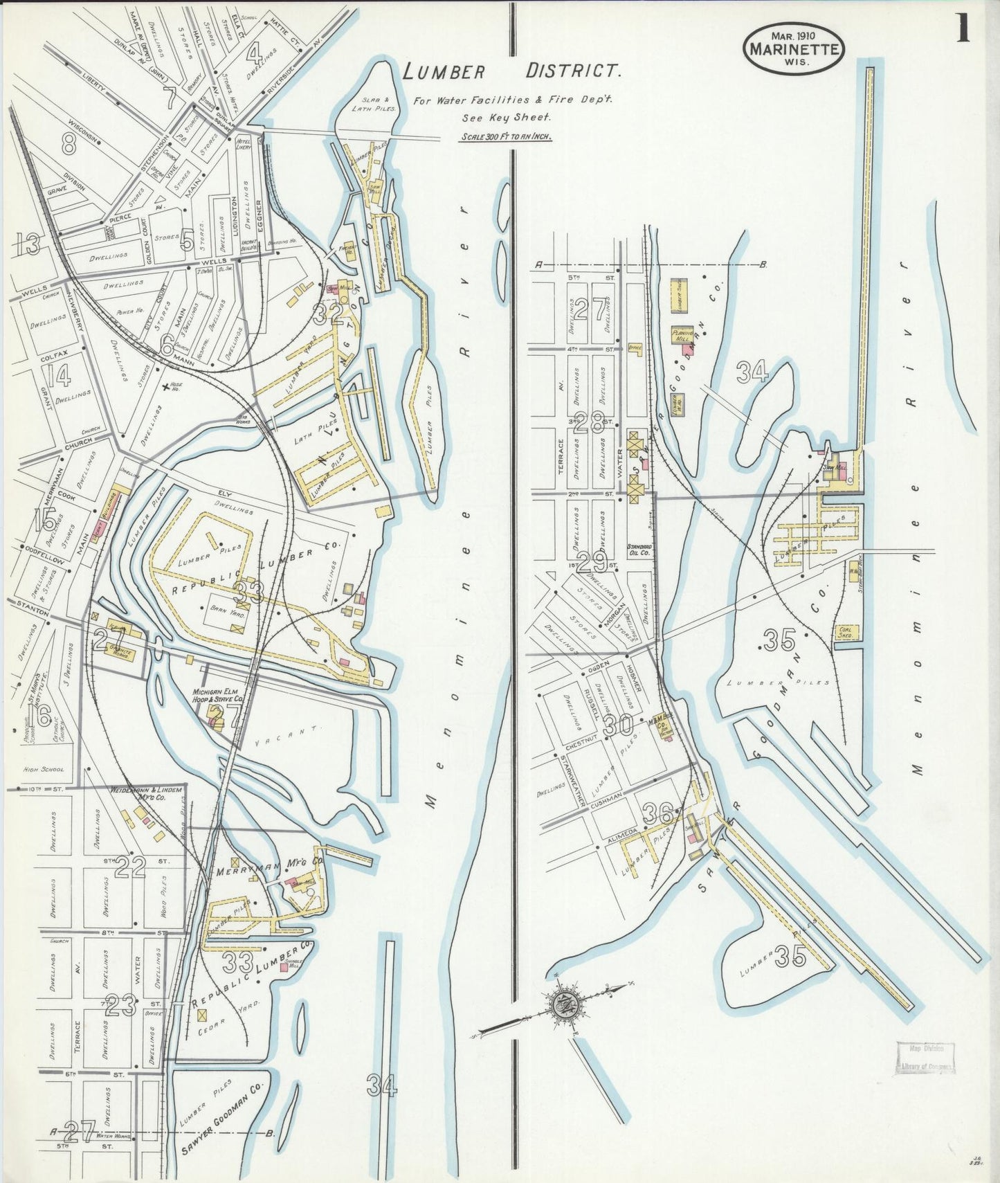 Sanborn Fire Insurance Map from Marinette, Marinette County, Wisconsin (1910), Sheet #0001 - Complete Map Set gallery image, historic Sanborn map, vintage wall art, Wisconsin Wisconsin