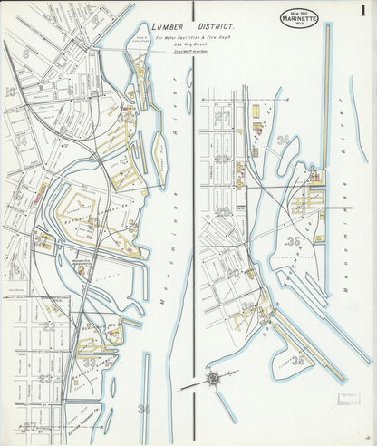 Sanborn Fire Insurance Map from Marinette, Marinette County, Wisconsin (1910), Sheet #0001 - Complete Map Set gallery image, historic Sanborn map, vintage wall art, Wisconsin Wisconsin