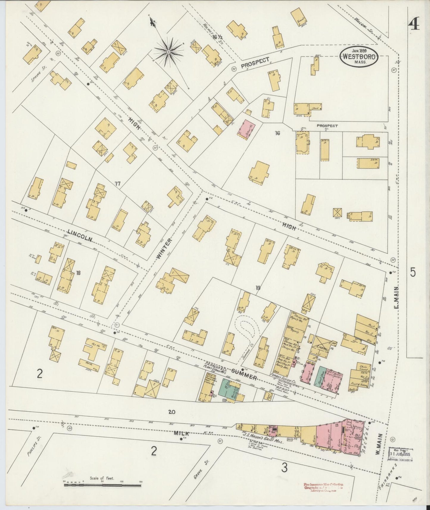 Sanborn Fire Insurance Map from Westboro, Worcester County, Massachusetts (1899), Sheet #0004 - Historic Sanborn Fire Insurance Map Print, vintage old map wall art, antique decor, genealogy gift, Massachusetts Massachusetts map