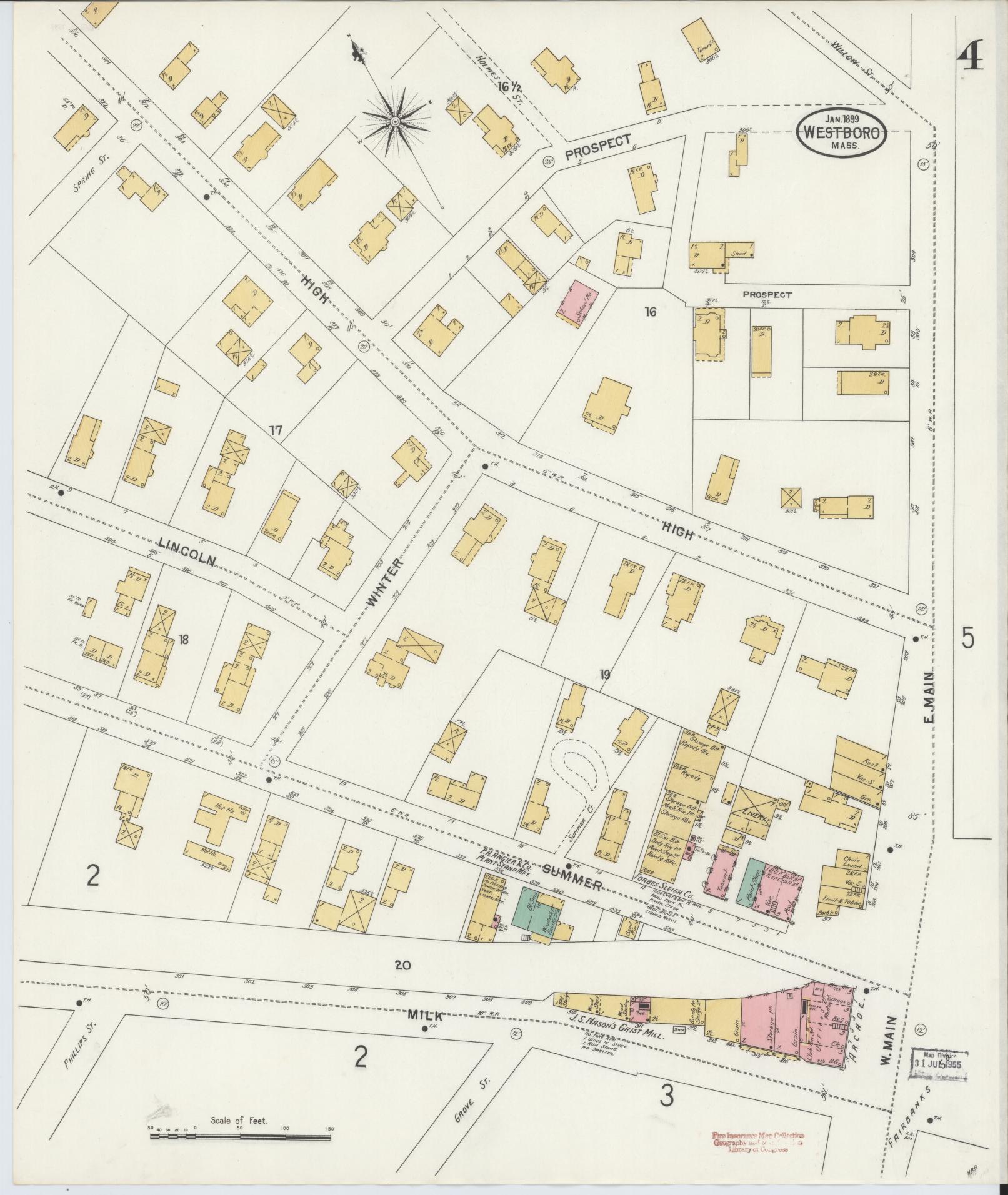 Sanborn Fire Insurance Map from Westboro, Worcester County, Massachusetts (1899), Sheet #0004 - Historic Sanborn Fire Insurance Map Print, vintage old map wall art, antique decor, genealogy gift, Massachusetts Massachusetts map