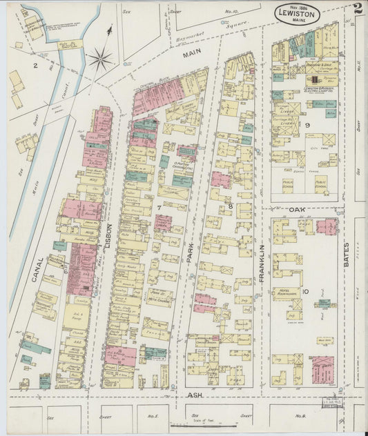 Sanborn Fire Insurance Map from Lewiston, Androscoggin County, Maine (1886), Sheet #0002 - Historic Sanborn Fire Insurance Map Print, vintage old map wall art, antique decor, genealogy gift, Maine Maine map