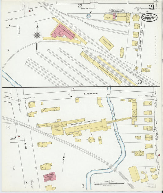 Sanborn Fire Insurance Map from Danbury, Fairfield County, Connecticut (1919), Sheet #0021 - Historic Sanborn Fire Insurance Map Print, vintage old map wall art, antique decor, genealogy gift, Connecticut Connecticut map