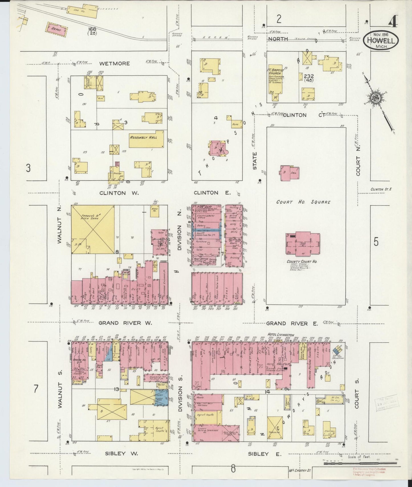 Sanborn Fire Insurance Map from Howell, Livingston County, Michigan (1916), Sheet #0004 - Complete Map Set gallery image, historic Sanborn map, vintage wall art, Michigan Michigan
