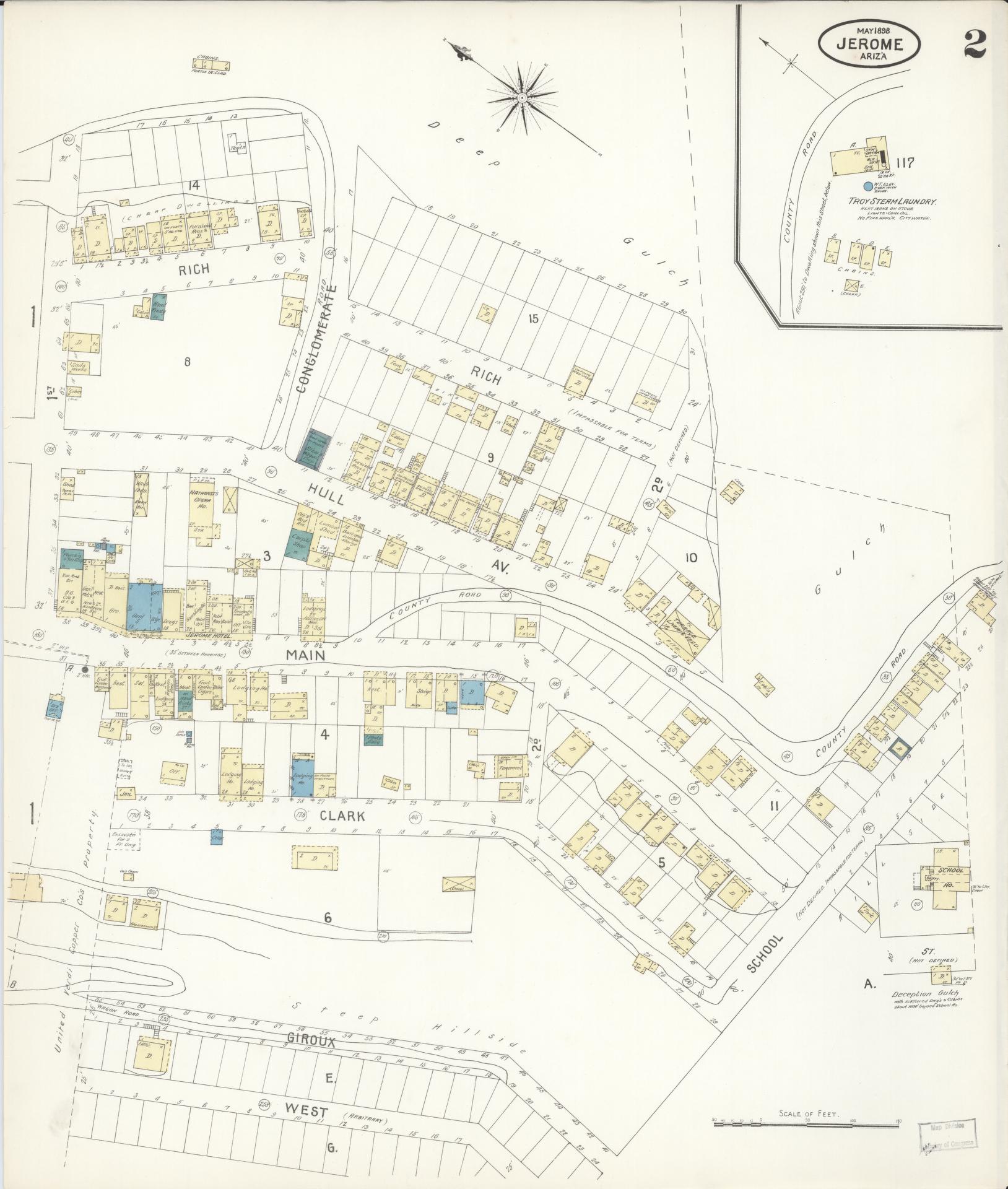 Sanborn Fire Insurance Map from Jerome, Yavapai County, Arizona (1898), Sheet #0002 - Complete Map Set gallery image, historic Sanborn map, vintage wall art, Arizona Arizona