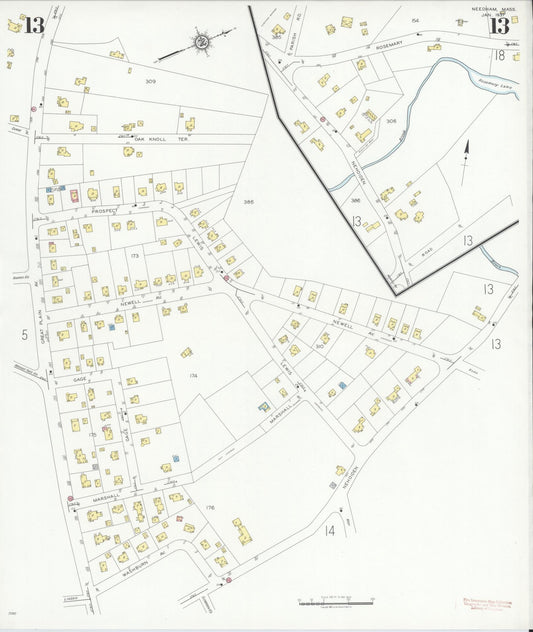 Sanborn Fire Insurance Map from Needham, Norfolk County, Massachusetts (1937), Sheet #0013 - Historic Sanborn Fire Insurance Map Print, vintage old map wall art, antique decor, genealogy gift, Massachusetts Massachusetts map