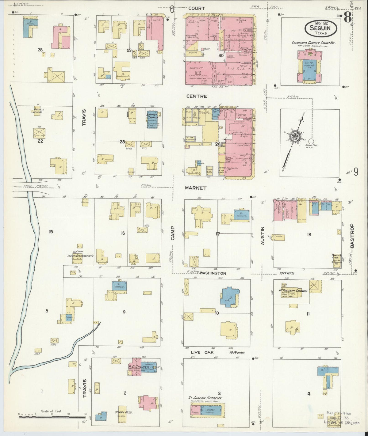 Sanborn Fire Insurance Map from Seguin, Guadalupe County, Texas (1912), Sheet #0008 - Complete Map Set gallery image, historic Sanborn map, vintage wall art, Texas Texas