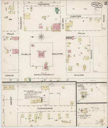 Sanborn Fire Insurance Map from Marlin, Falls County, Texas (1885), Sheet #0002 - Historic Sanborn Fire Insurance Map Print, vintage old map wall art, antique decor, genealogy gift, Texas Texas map