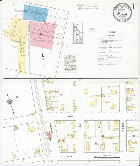 Sanborn Fire Insurance Map from Felton, Kent County, Delaware (1919), Sheet #0001 - Historic Sanborn Fire Insurance Map Print, vintage old map wall art, antique decor, genealogy gift, Delaware Delaware map