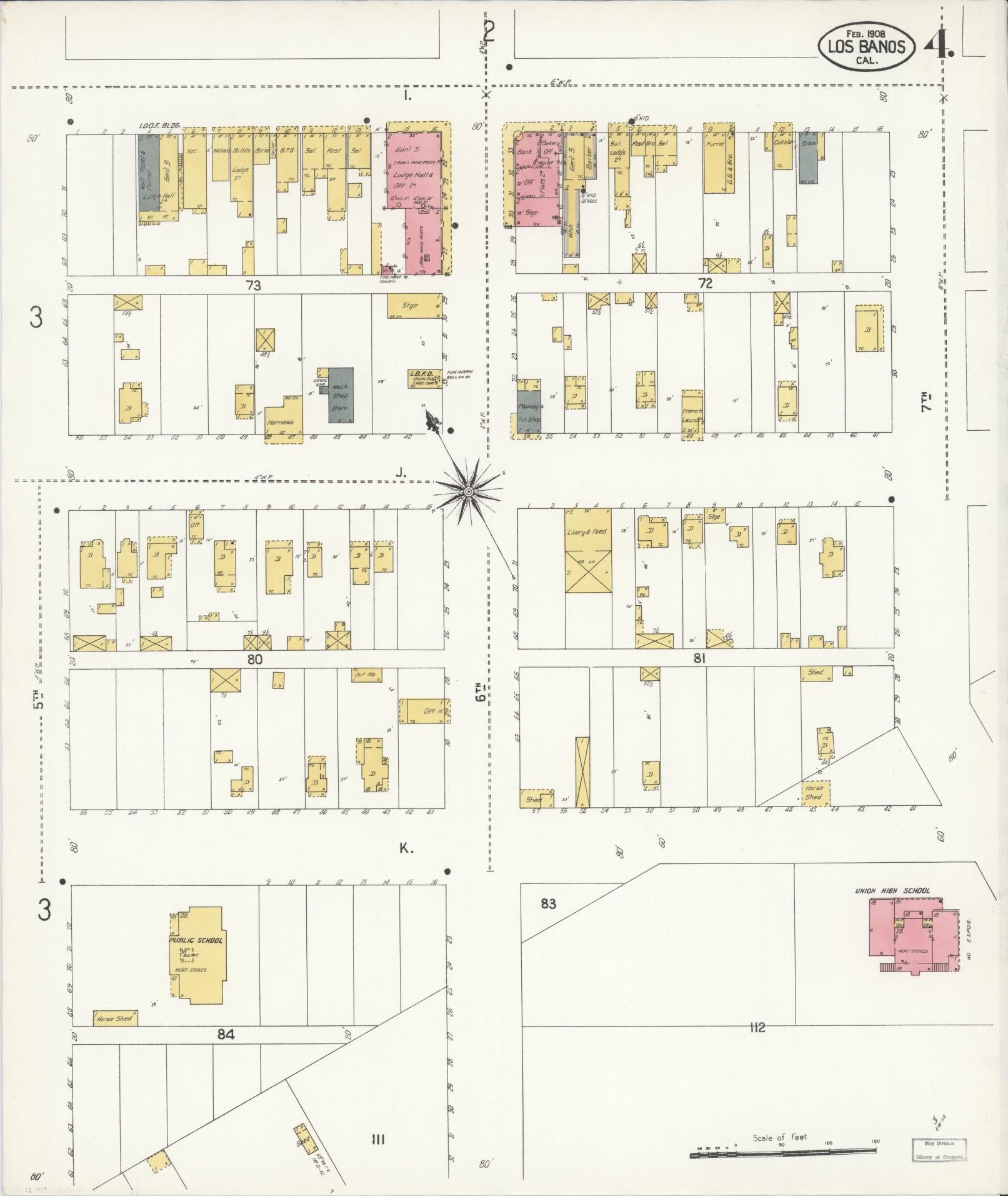 Sanborn Fire Insurance Map from Los Banos, Merced County, California (1908), Sheet #0004 - Historic Sanborn Fire Insurance Map Print, vintage old map wall art, antique decor, genealogy gift, California California map