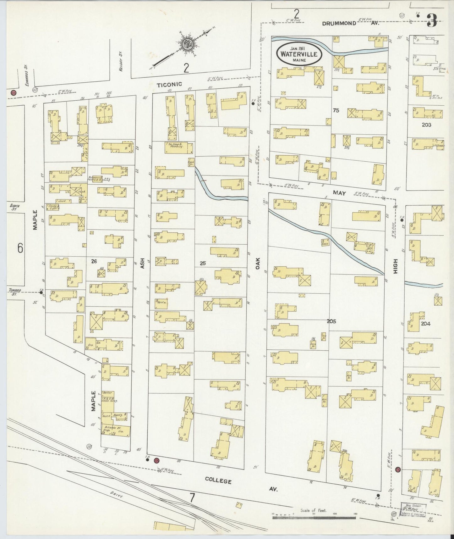Sanborn Fire Insurance Map from Waterville, Kennebec County, Maine (1911), Sheet #0003 - Complete Map Set gallery image, historic Sanborn map, vintage wall art, Maine Maine