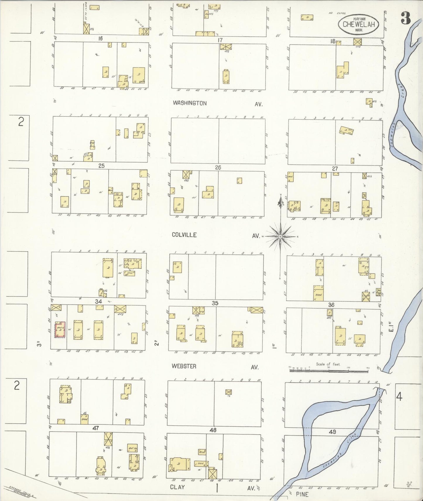 Sanborn Fire Insurance Map from Chewelah, Stevens County, Washington (1908), Sheet #0003 - Historic Sanborn Fire Insurance Map Print, vintage old map wall art, antique decor, genealogy gift, Washington Washington map