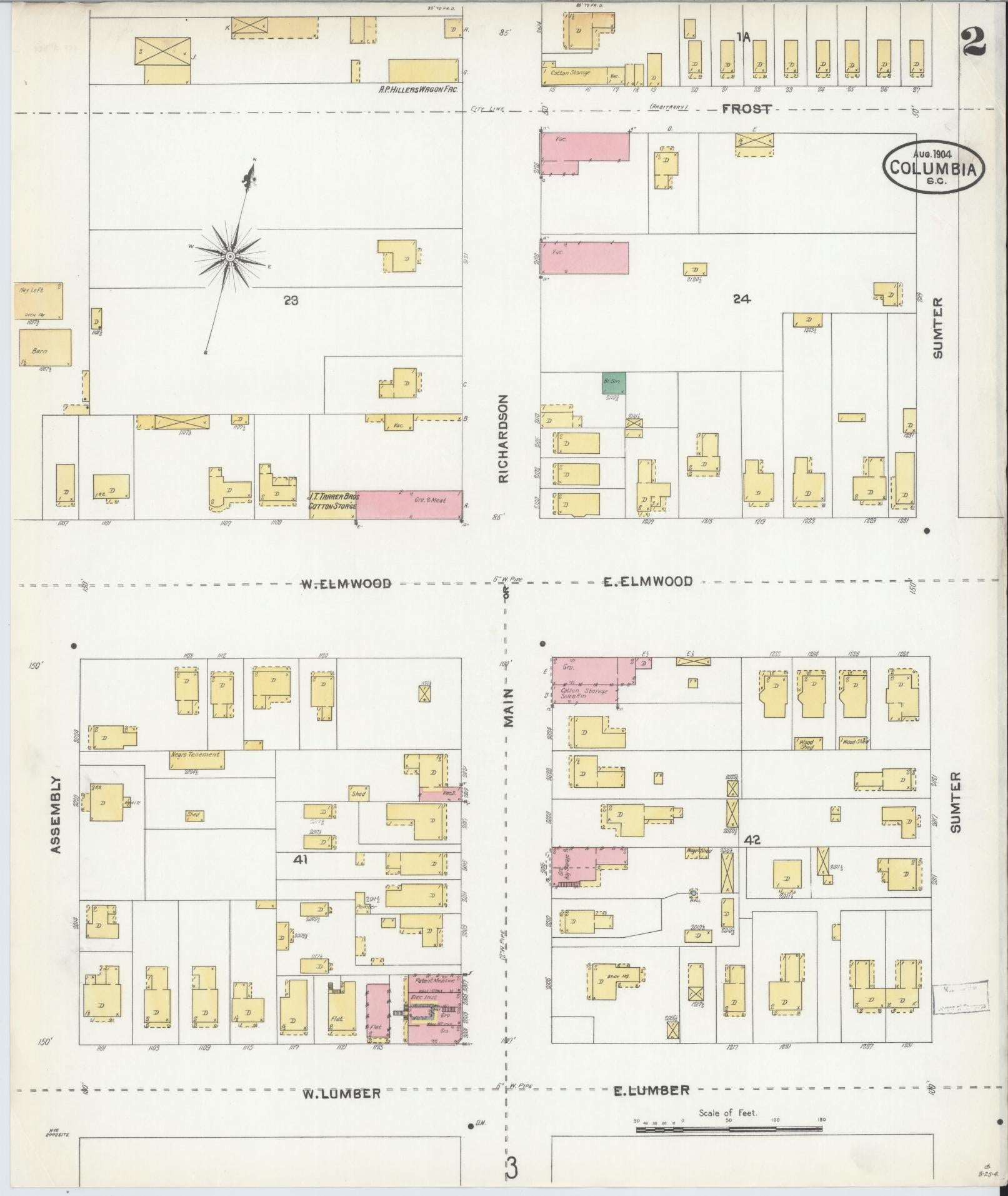Sanborn Fire Insurance Map from Columbia, Richland County, South Carolina (1904), Sheet #0002 - Complete Map Set gallery image, historic Sanborn map, vintage wall art, South Carolina South Carolina