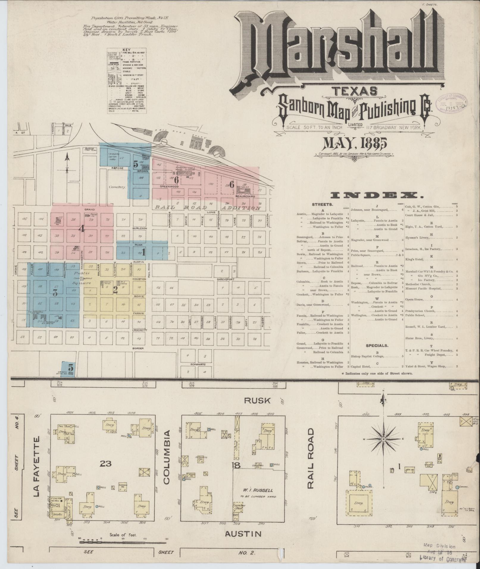 Sanborn Fire Insurance Map from Marshall, Harrison County, Texas (1885), Sheet #0001 - Historic Sanborn Fire Insurance Map Print, vintage old map wall art, antique decor, genealogy gift, Texas Texas map