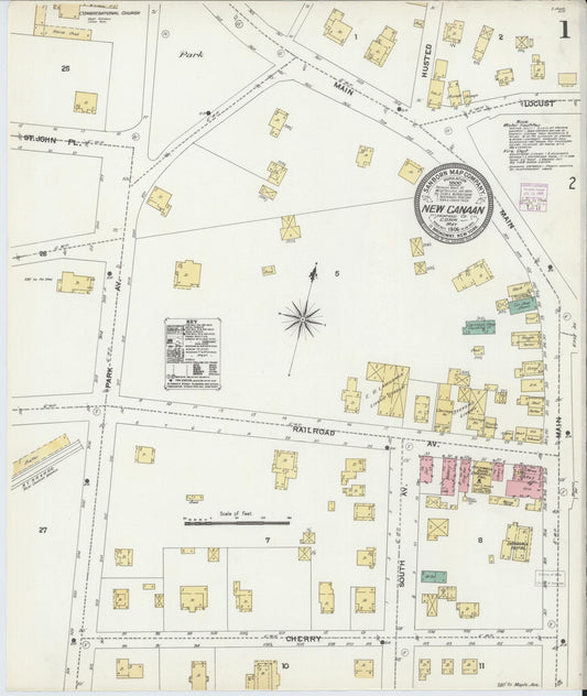 Sanborn Fire Insurance Map from New Canaan, Fairfield County, Connecticut (1906), Sheet #0001 - Historic Sanborn Fire Insurance Map Print, vintage old map wall art, antique decor, genealogy gift, Connecticut Connecticut map
