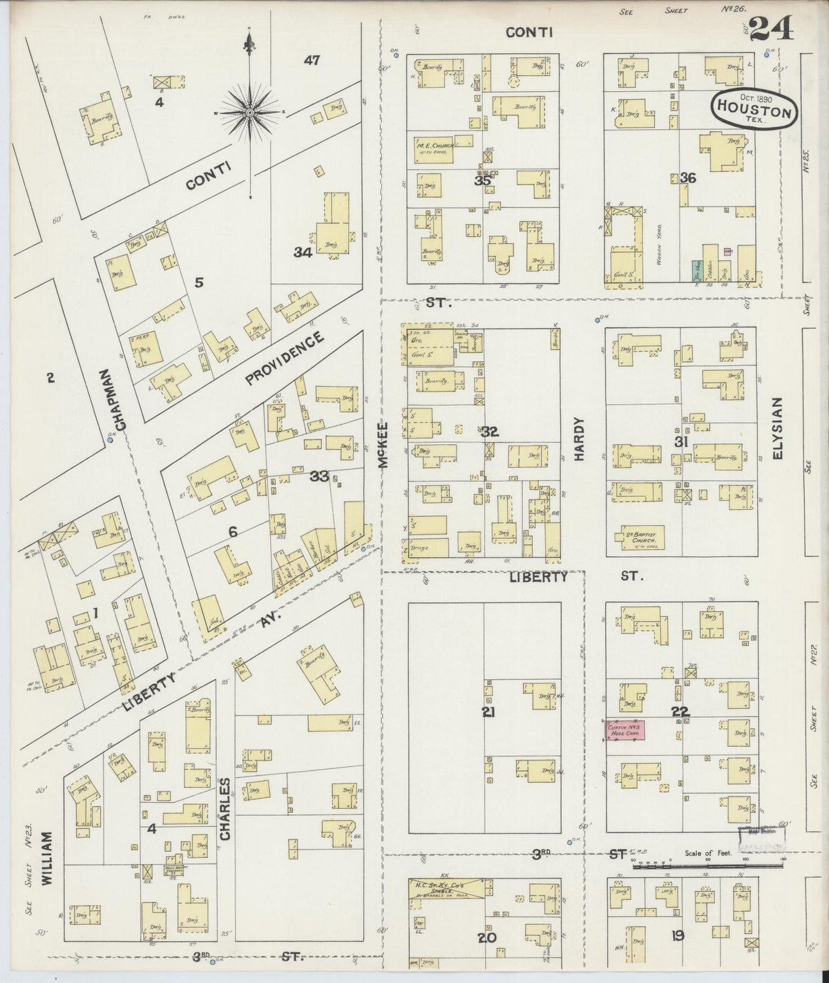 Sanborn Fire Insurance Map from Houston, Harris County, Texas (1890), Sheet #0024 - Complete Map Set gallery image, historic Sanborn map, vintage wall art, Texas Texas