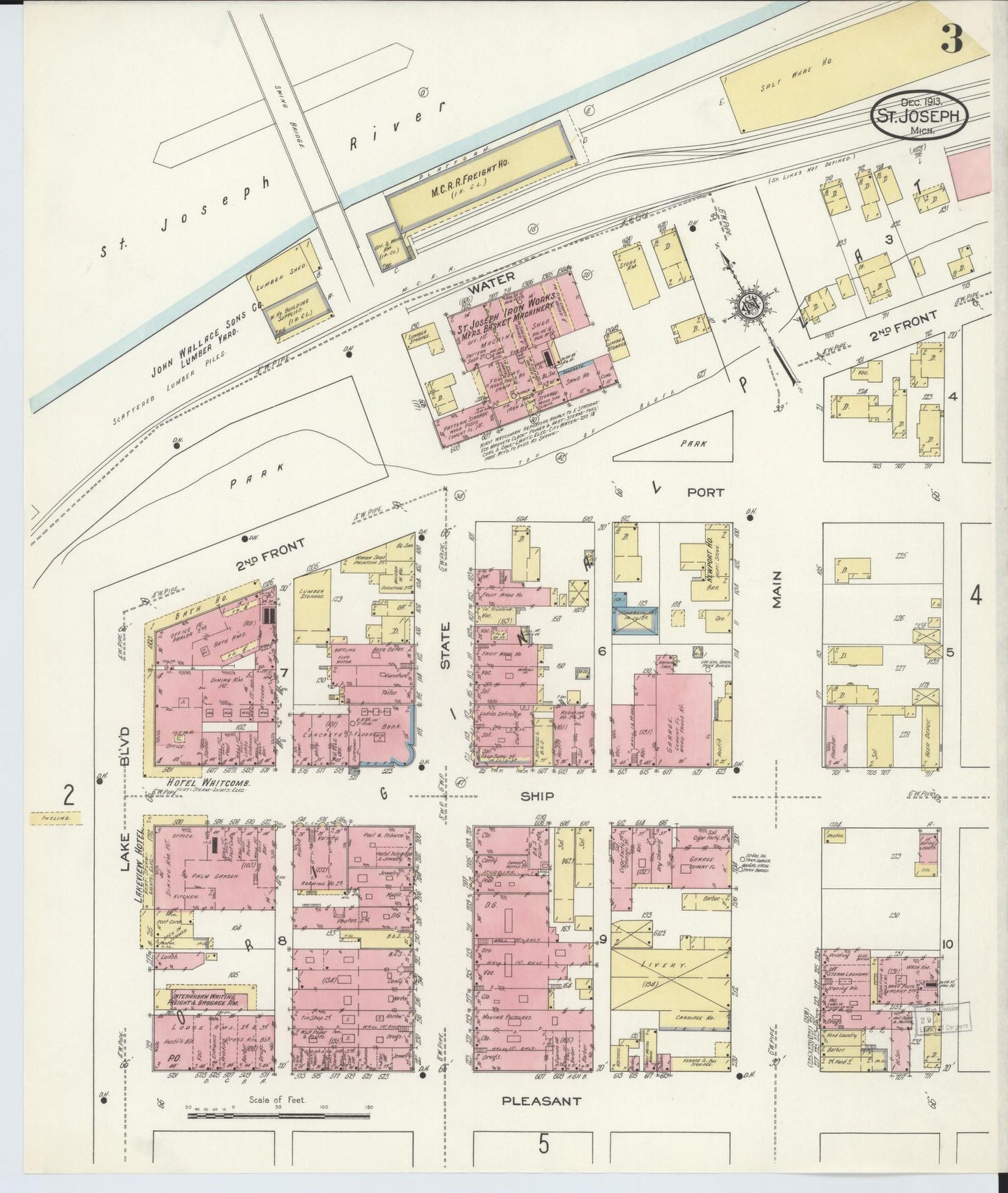 Sanborn Fire Insurance Map from Saint Joseph, Berrien County, Michigan (1913), Sheet #0003 - Complete Map Set gallery image, historic Sanborn map, vintage wall art, Michigan Michigan