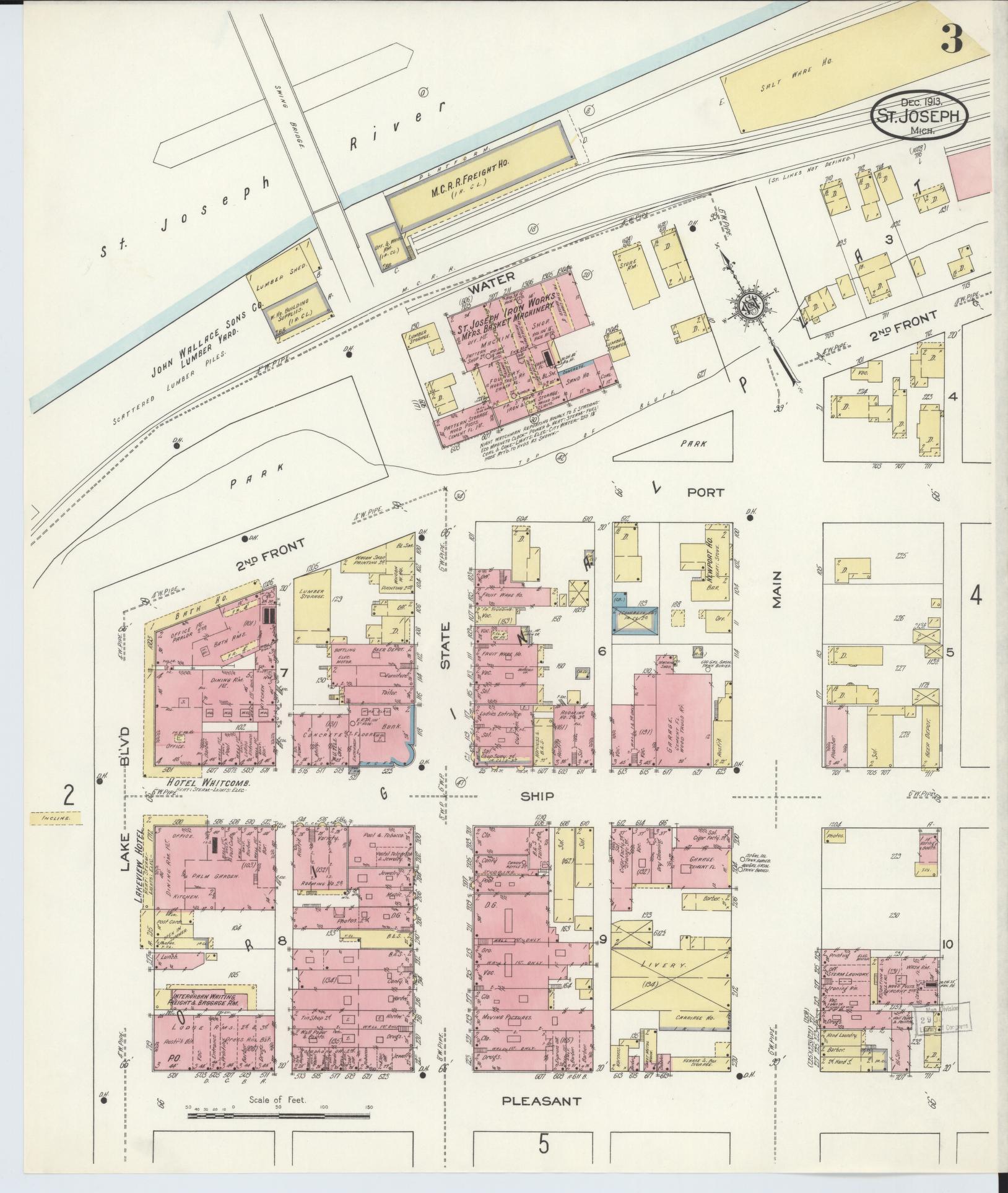 Sanborn Fire Insurance Map from Saint Joseph, Berrien County, Michigan (1913), Sheet #0003 - Complete Map Set gallery image, historic Sanborn map, vintage wall art, Michigan Michigan