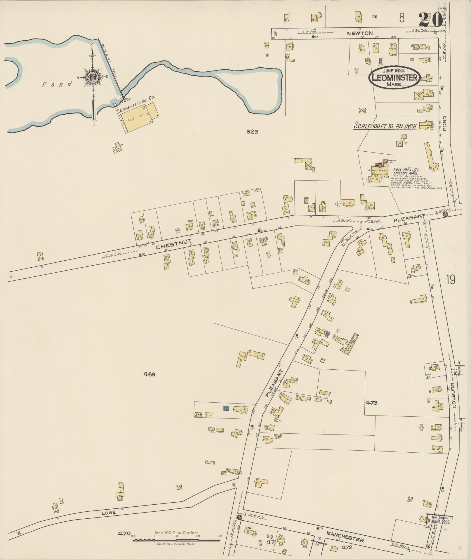 Sanborn Fire Insurance Map from Leominster, Worcester County, Massachusetts (1922), Sheet #0020 - Complete Map Set gallery image, historic Sanborn map, vintage wall art, Massachusetts Massachusetts