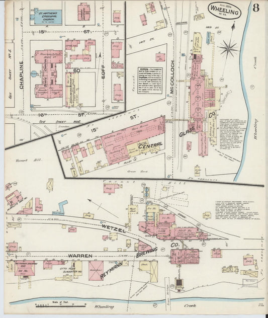 Sanborn Fire Insurance Map from Wheeling, Ohio County, West Virginia (1884), Sheet #0008 - Historic Sanborn Fire Insurance Map Print, vintage old map wall art, antique decor, genealogy gift, West Virginia West Virginia map