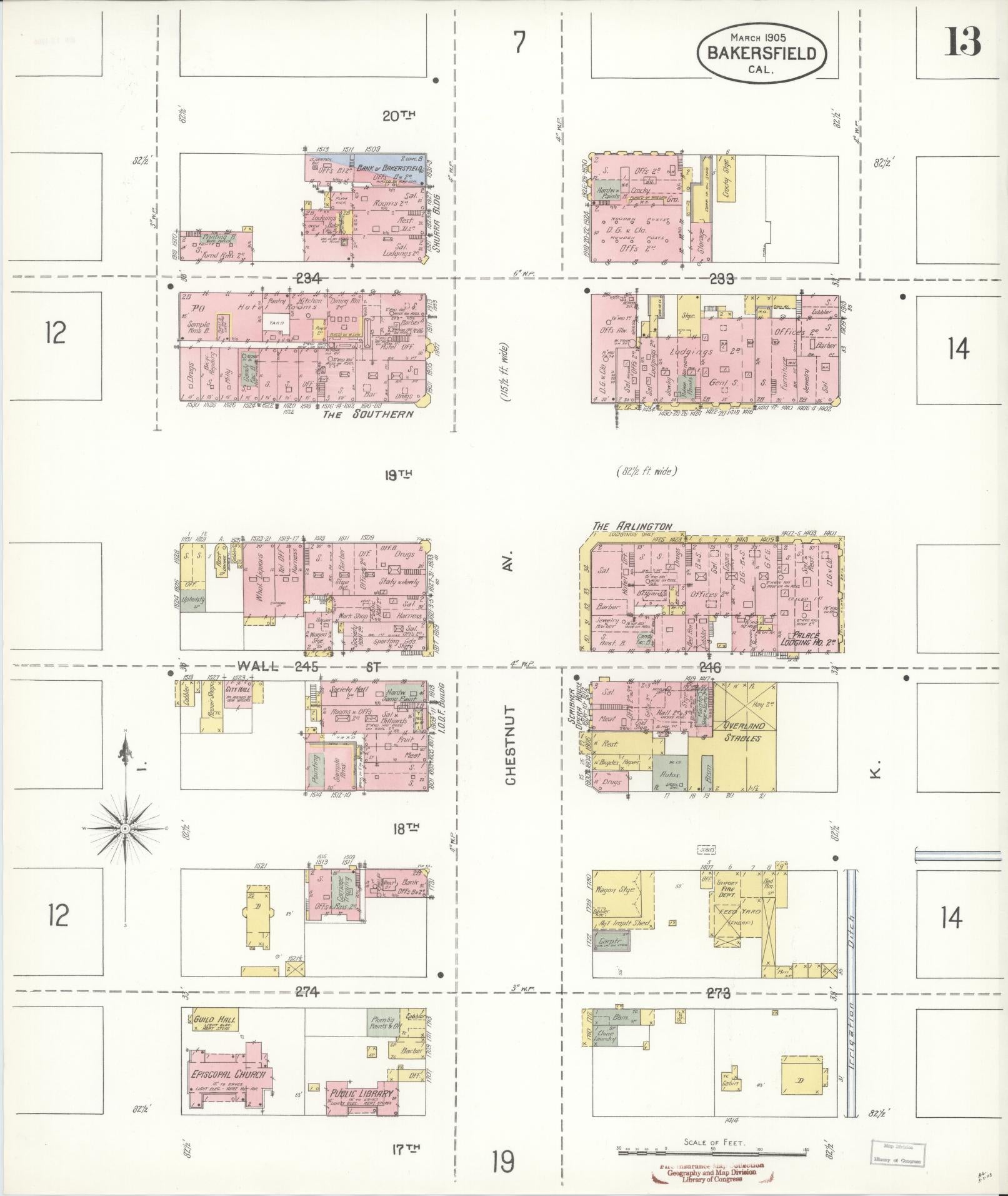 Sanborn Fire Insurance Map from Bakersfield, Kern County, California (1905), Sheet #0013 - Historic Sanborn Fire Insurance Map Print, vintage old map wall art, antique decor, genealogy gift, California California map