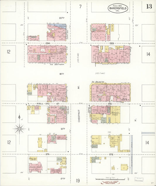 Sanborn Fire Insurance Map from Bakersfield, Kern County, California (1905), Sheet #0013 - Historic Sanborn Fire Insurance Map Print, vintage old map wall art, antique decor, genealogy gift, California California map