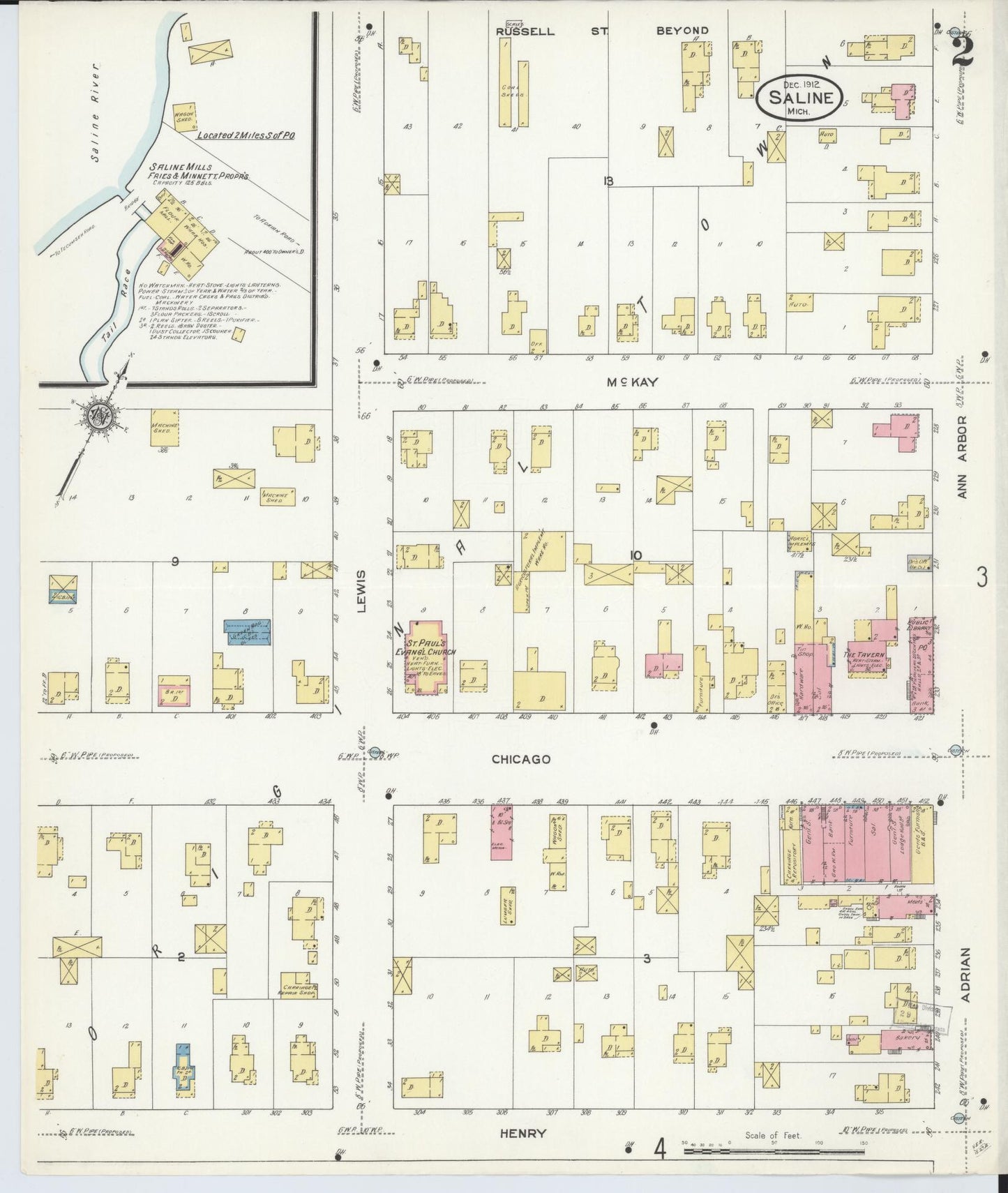 Sanborn Fire Insurance Map from Saline, Washtenaw County, Michigan (1912), Sheet #0002 - Complete Map Set gallery image, historic Sanborn map, vintage wall art, Michigan Michigan