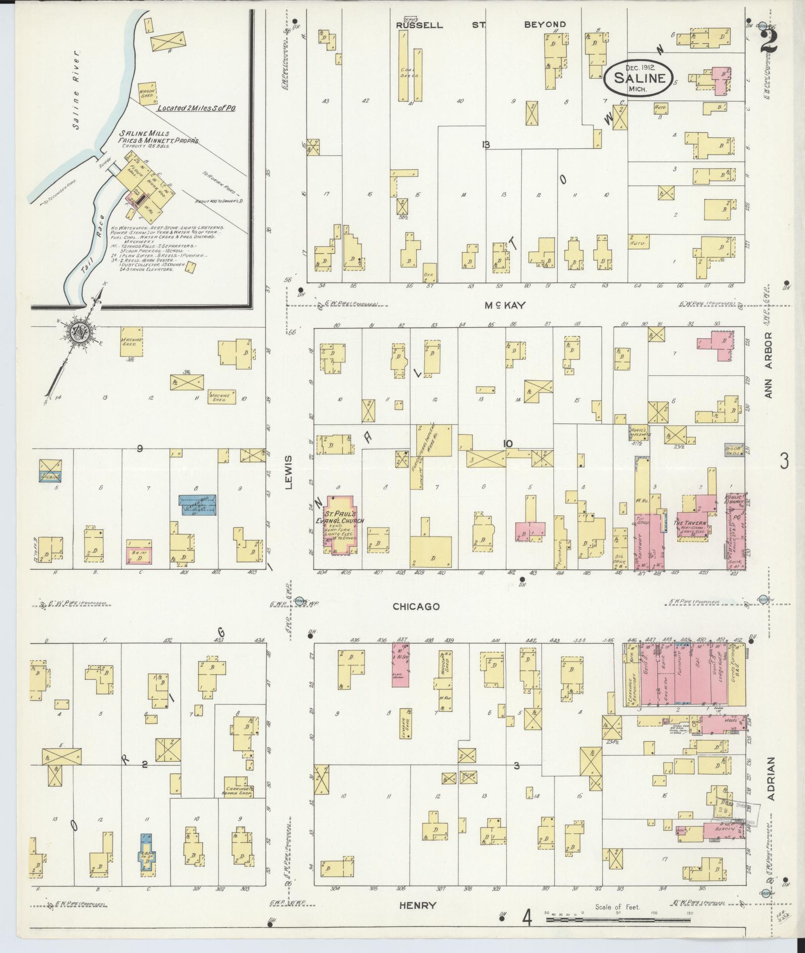 Sanborn Fire Insurance Map from Saline, Washtenaw County, Michigan (1912), Sheet #0002 - Complete Map Set gallery image, historic Sanborn map, vintage wall art, Michigan Michigan