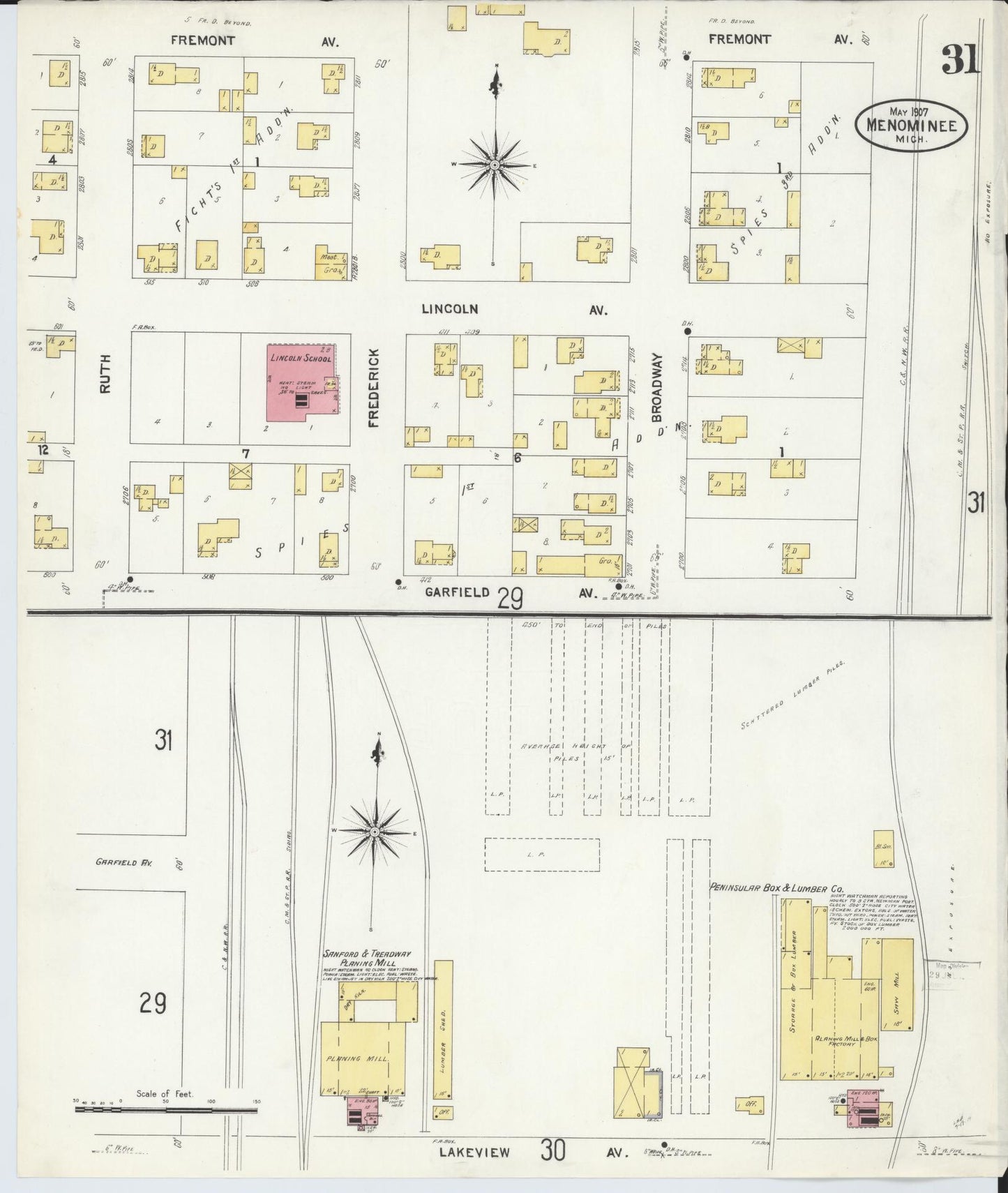 Sanborn Fire Insurance Map from Menominee, Menominee County, Michigan (1907), Sheet #0031 - Complete Map Set gallery image, historic Sanborn map, vintage wall art, Michigan Michigan