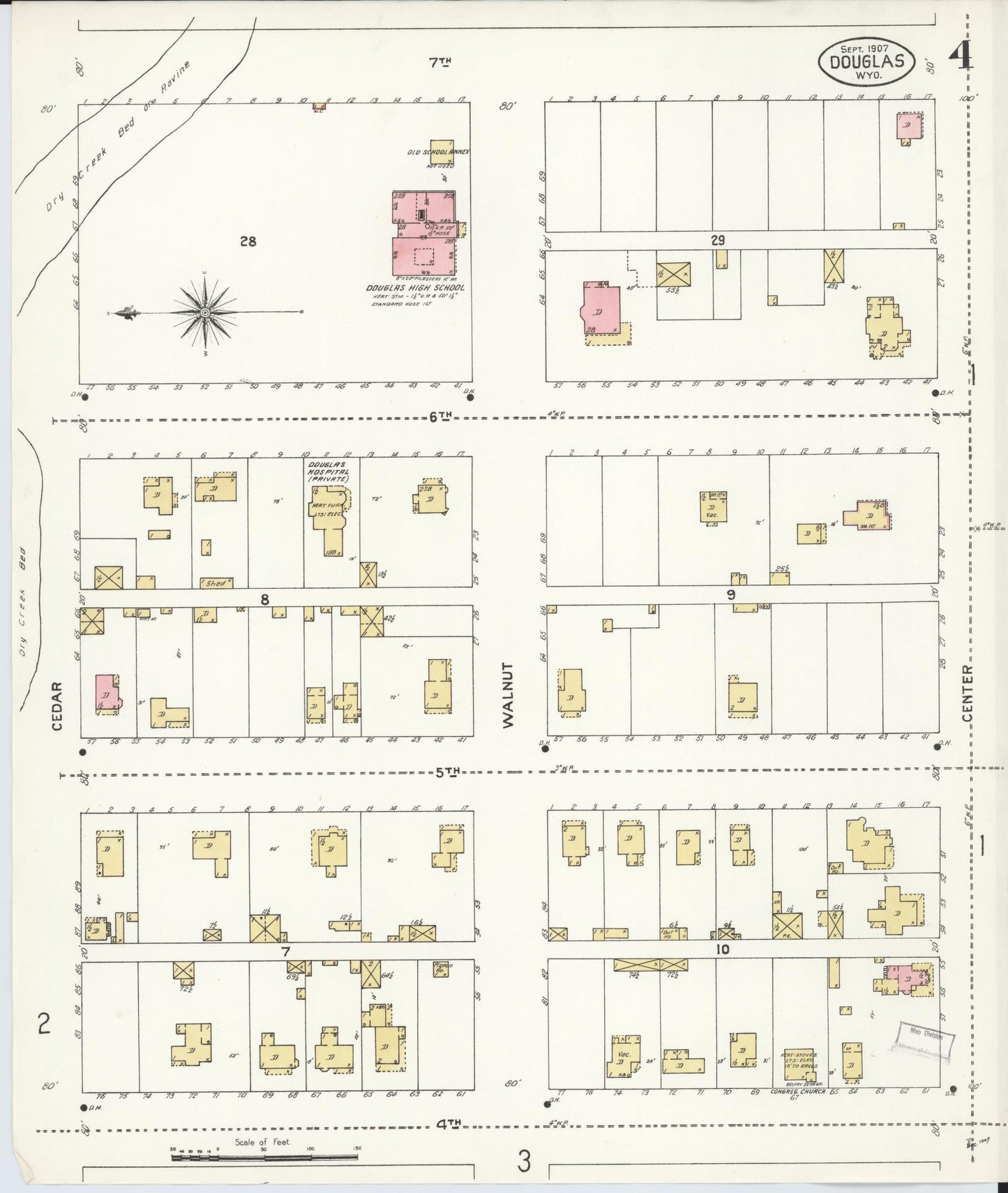 Sanborn Fire Insurance Map from Douglas, Converse County, Wyoming (1907), Sheet #0004 - Historic Sanborn Fire Insurance Map Print, vintage old map wall art, antique decor, genealogy gift, Wyoming Wyoming map