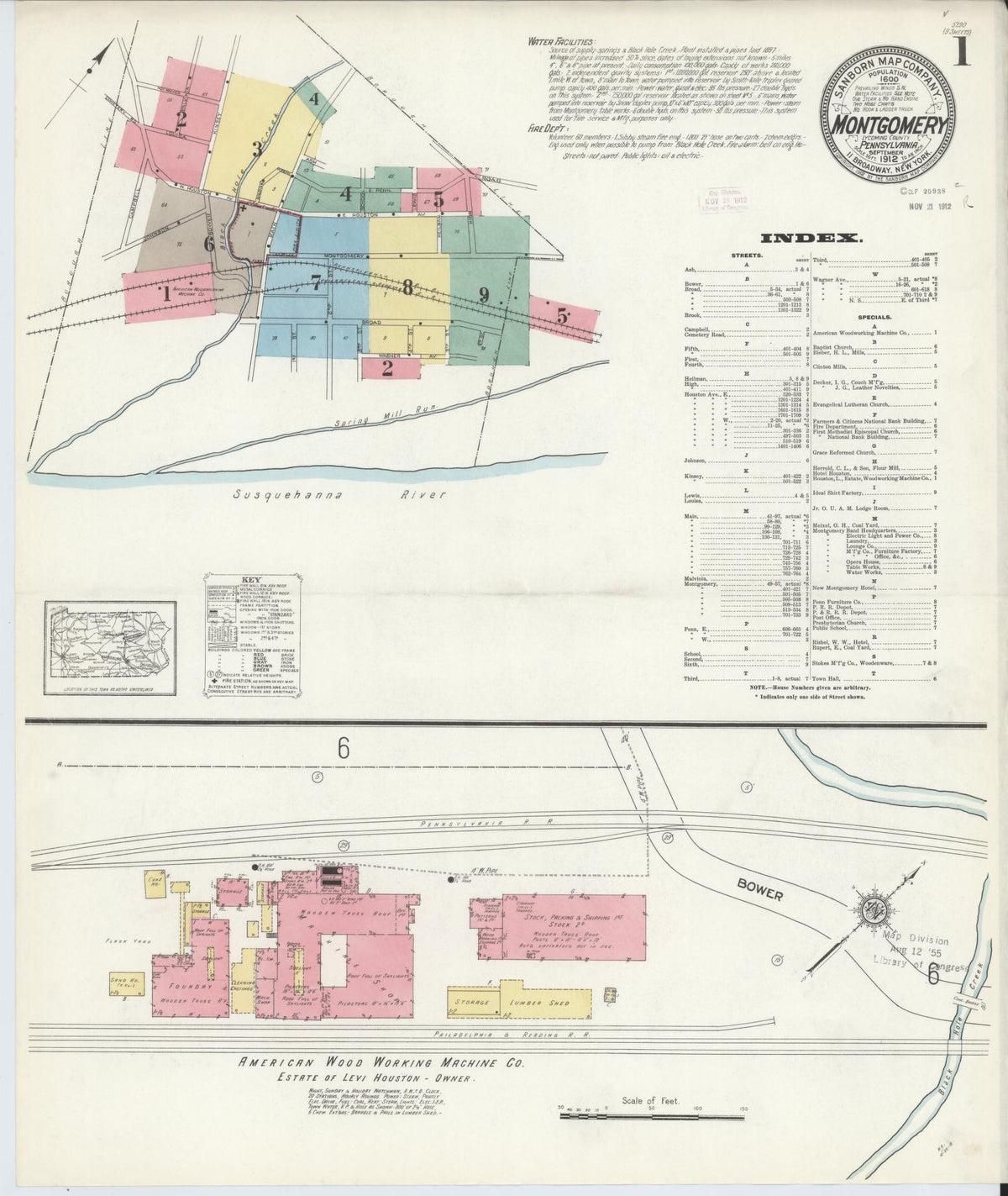 Sanborn Fire Insurance Map from Montgomery, Lycoming County, Pennsylvania (1912), Sheet #0001 - Historic Sanborn Fire Insurance Map Print, vintage old map wall art, antique decor, genealogy gift, Pennsylvania Pennsylvania map