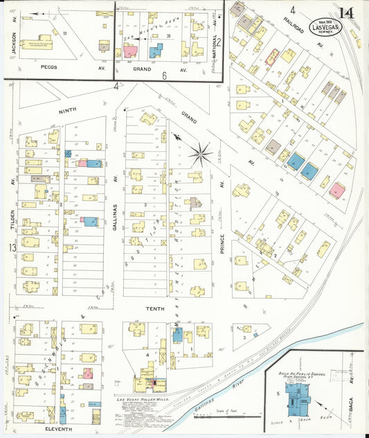 Sanborn Fire Insurance Map from Las Vegas, San Miguel County, New Mexico (1908), Sheet #0014 - Historic Sanborn Fire Insurance Map Print, vintage old map wall art, antique decor, genealogy gift, New Mexico New Mexico map