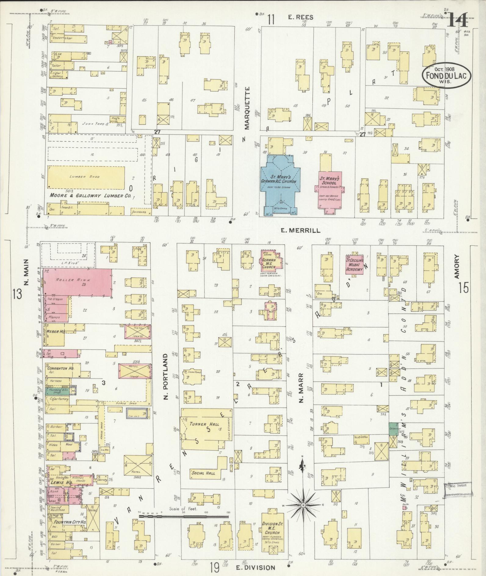 Sanborn Fire Insurance Map from Fond du Lac, Fond du Lac County, Wisconsin (1908), Sheet #0014 - Complete Map Set gallery image, historic Sanborn map, vintage wall art, Wisconsin Wisconsin