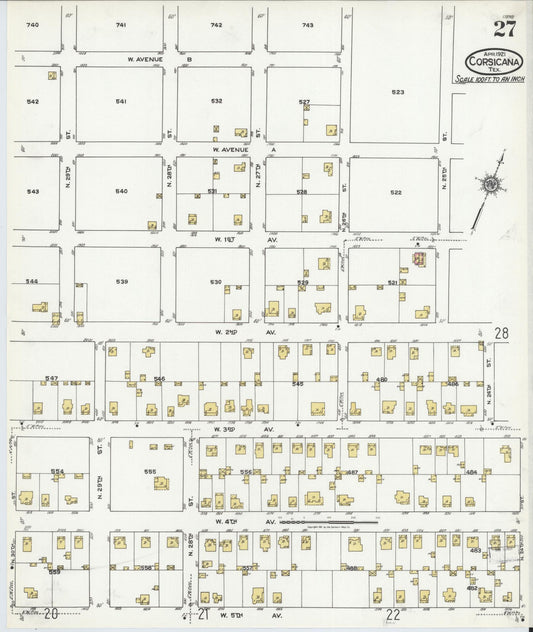 Sanborn Fire Insurance Map from Corsicana, Navarro County, Texas (1921), Sheet #0027 - Historic Sanborn Fire Insurance Map Print, vintage old map wall art, antique decor, genealogy gift, Texas Texas map