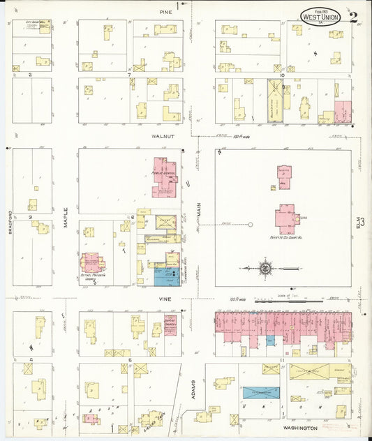 Sanborn Fire Insurance Map from West Union, Fayette County, Iowa (1913), Sheet #0002 - Historic Sanborn Fire Insurance Map Print, vintage old map wall art