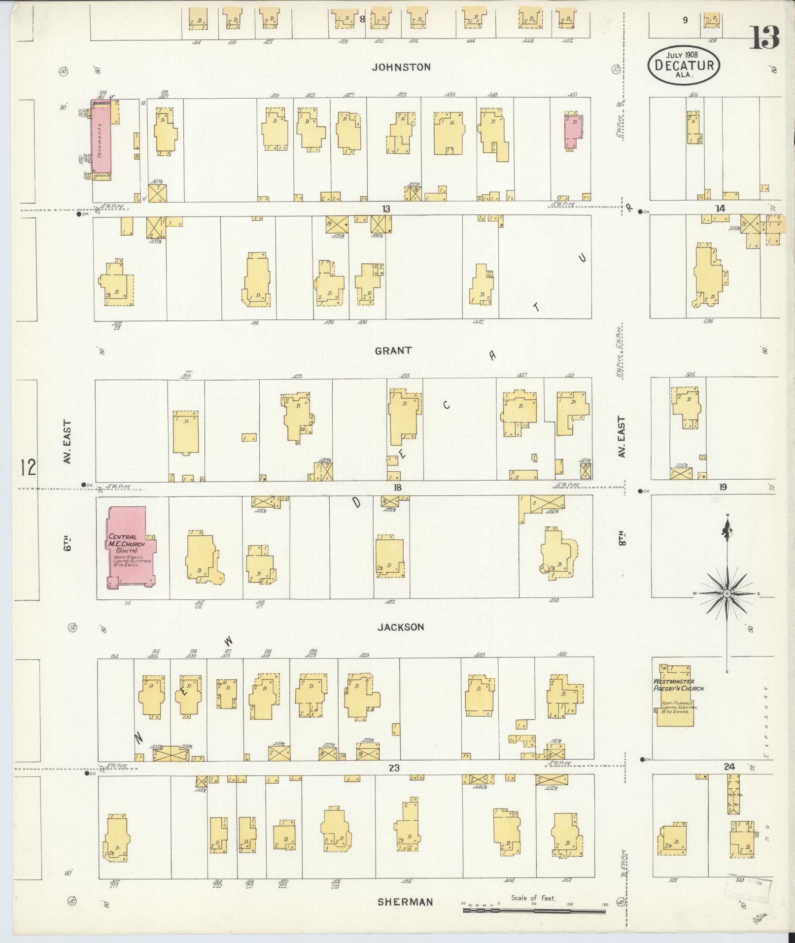 Sanborn Fire Insurance Map from Decatur, Morgan County, Alabama (1908), Sheet #0013 - Complete Map Set gallery image, historic Sanborn map, vintage wall art, Alabama Alabama