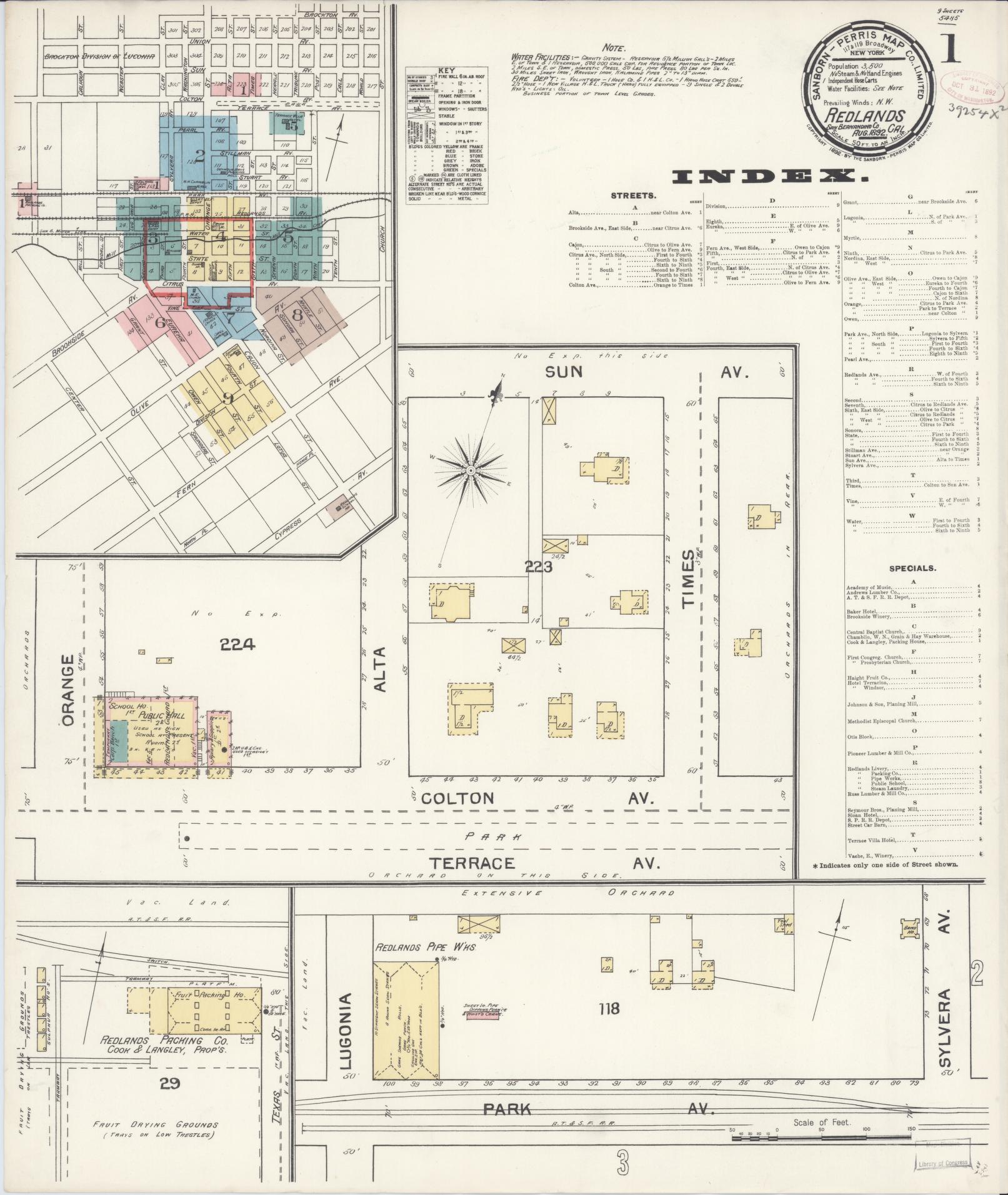 Sanborn Fire Insurance Map from Redlands, San Bernardino County, California (1892), Sheet #0001 - Complete Map Set gallery image, historic Sanborn map, vintage wall art, California California