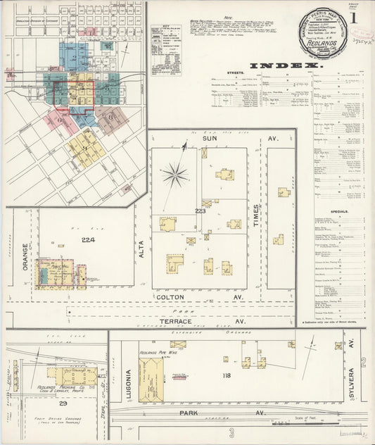 Sanborn Fire Insurance Map from Redlands, San Bernardino County, California (1892), Sheet #0001 - Complete Map Set gallery image, historic Sanborn map, vintage wall art, California California