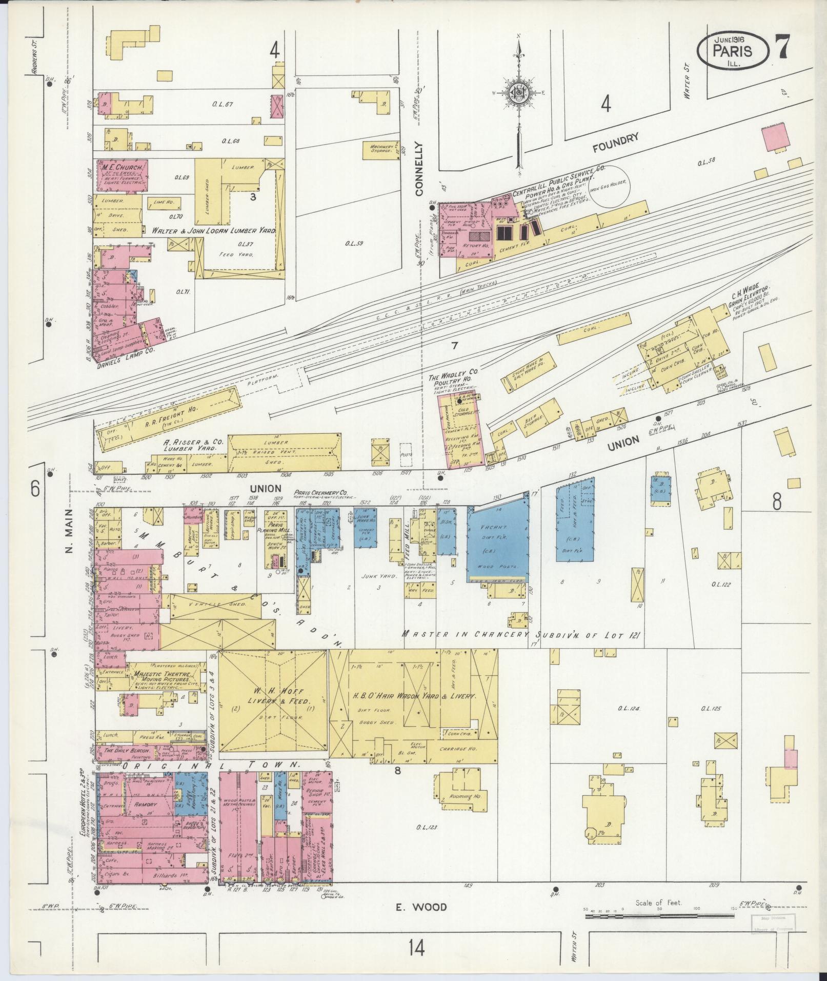 Sanborn Fire Insurance Map from Paris, Edgar County, Illinois (1916), Sheet #0007 - Historic Sanborn Fire Insurance Map Print, vintage old map wall art, antique decor, genealogy gift, Illinois Illinois map