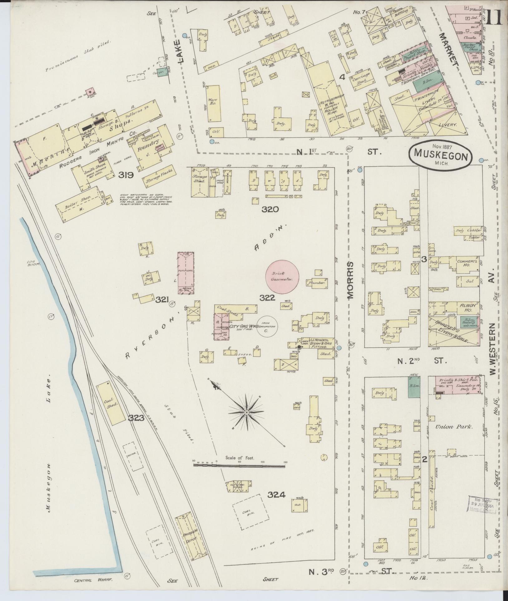 Sanborn Fire Insurance Map from Muskegon, Muskegon County, Michigan (1887), Sheet #0011 - Complete Map Set gallery image, historic Sanborn map, vintage wall art, Michigan Michigan
