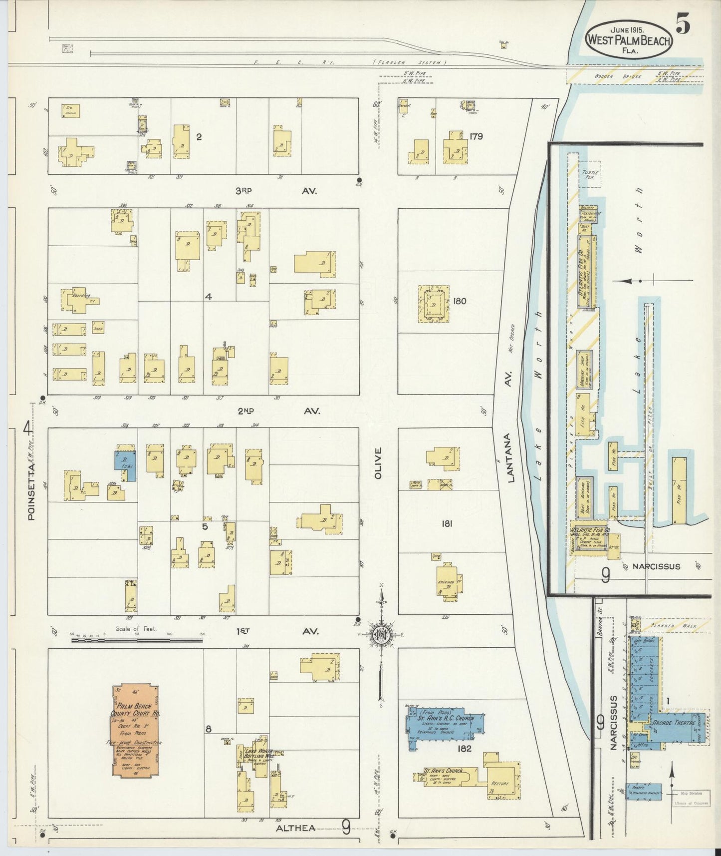 Sanborn Fire Insurance Map from West Palm Beach, Dade County, Florida (1915), Sheet #0005 - Complete Map Set gallery image, historic Sanborn map, vintage wall art, Florida Florida
