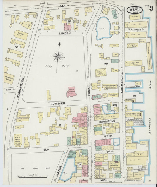 Sanborn Fire Insurance Map from Bath, Sagadahoc County, Maine (1890), Sheet #0003 - Historic Sanborn Fire Insurance Map Print, vintage old map wall art, antique decor, genealogy gift, Maine Maine map