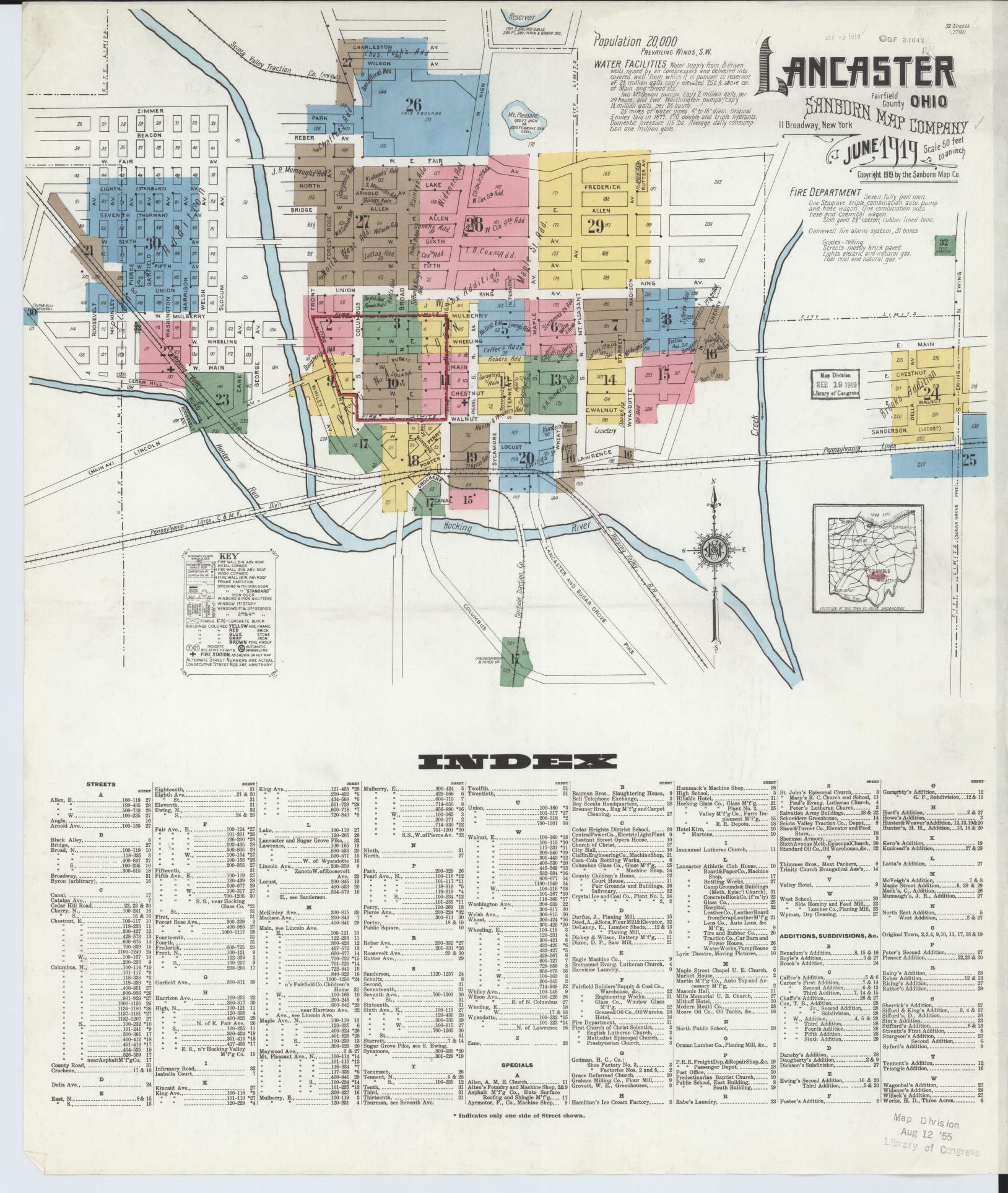 Sanborn Fire Insurance Map from Lancaster, Fairfield County, Ohio (1919), Sheet #0001 - Complete Map Set gallery image, historic Sanborn map, vintage wall art, Ohio Ohio