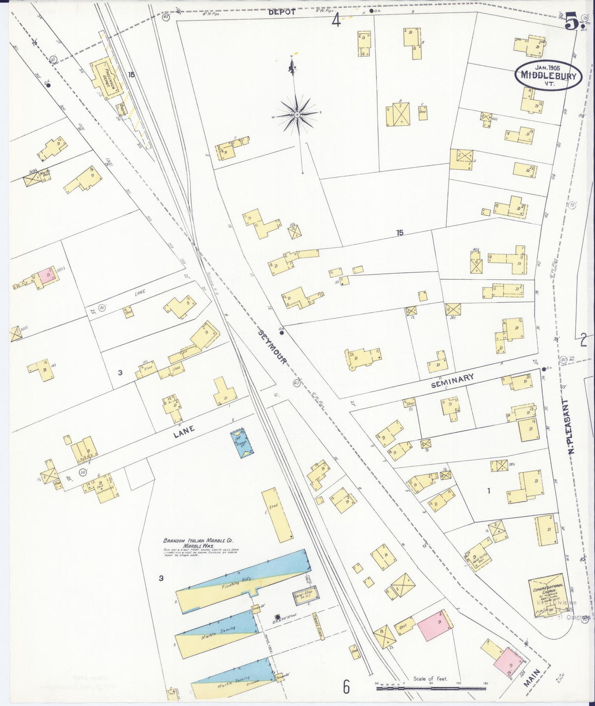 Sanborn Fire Insurance Map from Middlebury, Addison County, Vermont (1905), Sheet #0005 - Complete Map Set gallery image, historic Sanborn map, vintage wall art, Vermont Vermont