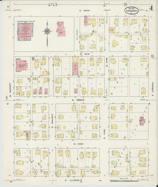Sanborn Fire Insurance Map from Urbana, Champaign County, Illinois (1915), Sheet #0004 - Historic Sanborn Fire Insurance Map Print, vintage old map wall art, antique decor, genealogy gift, Illinois Illinois map