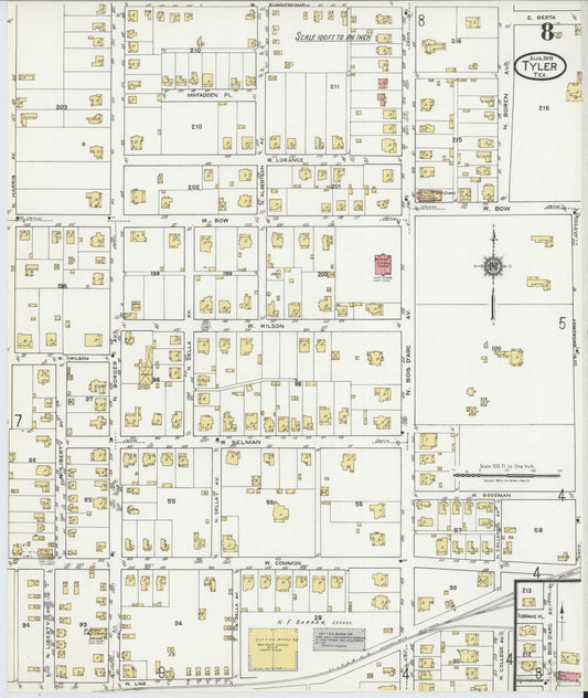 Sanborn Fire Insurance Map from Tyler, Smith County, Texas (1919), Sheet #0008 - Historic Sanborn Fire Insurance Map Print, vintage old map wall art, antique decor, genealogy gift, Texas Texas map