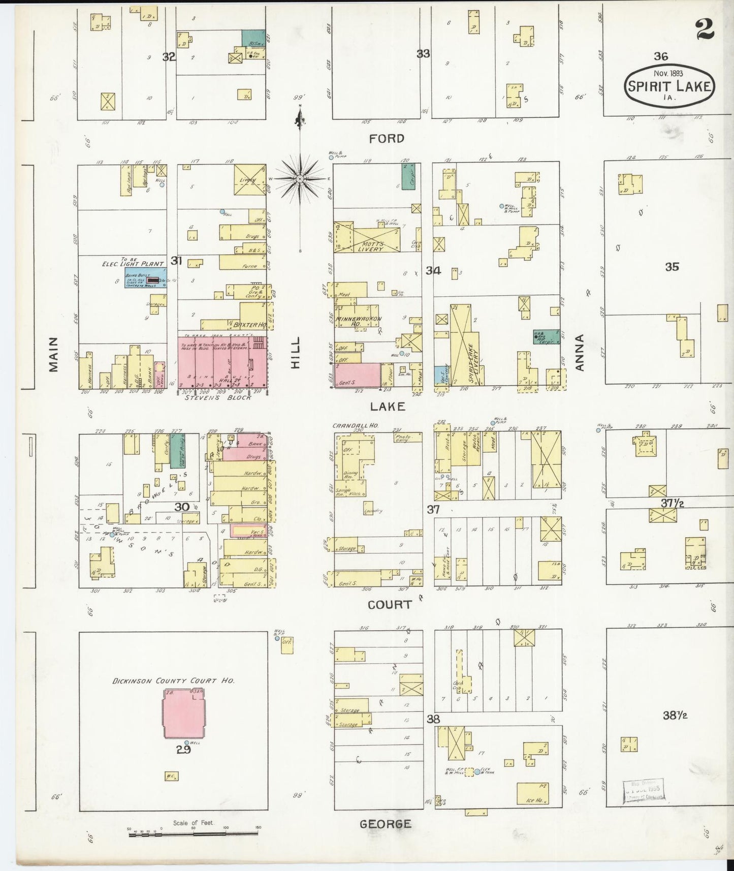 Sanborn Fire Insurance Map from Spirit Lake, Dickinson County, Iowa (1893), Sheet #0002 - Historic Sanborn Fire Insurance Map Print, vintage old map wall art
