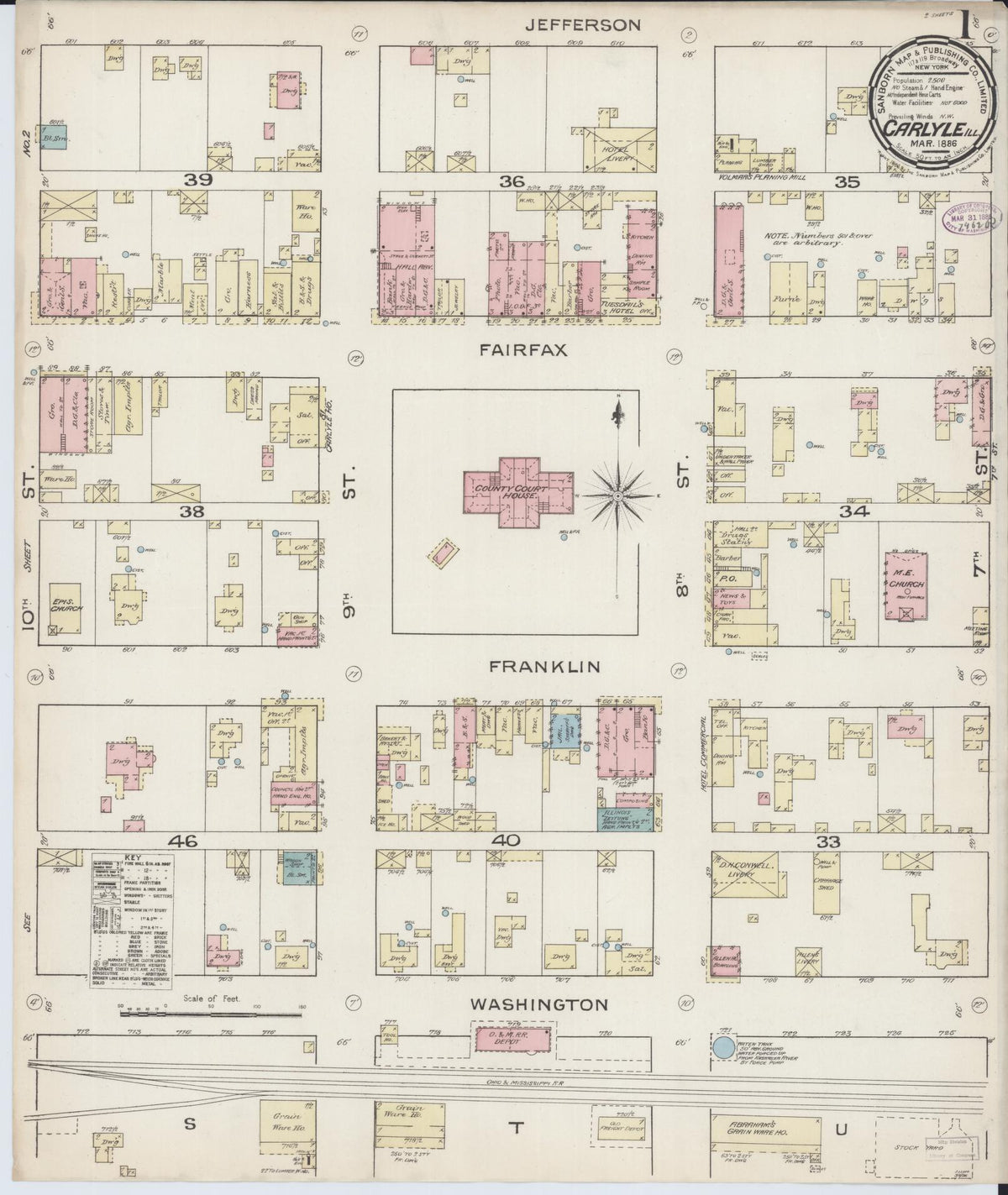 Sanborn Fire Insurance Map from Carlyle, Clinton County, Illinois (1886), Sheet #0001 - Complete Map Set gallery image, historic Sanborn map, vintage wall art, Illinois Illinois