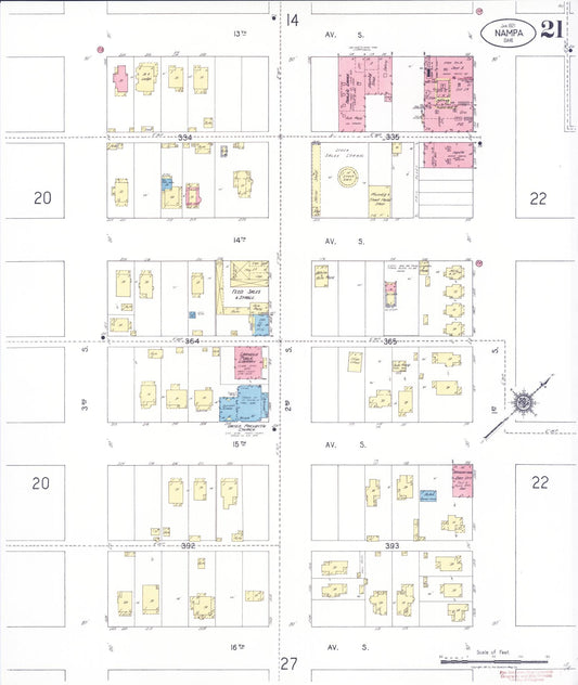 Sanborn Fire Insurance Map from Nampa, Canyon County, Idaho (1921), Sheet #0021 - Historic Sanborn Fire Insurance Map Print, vintage old map wall art, antique decor, genealogy gift, Idaho Idaho map